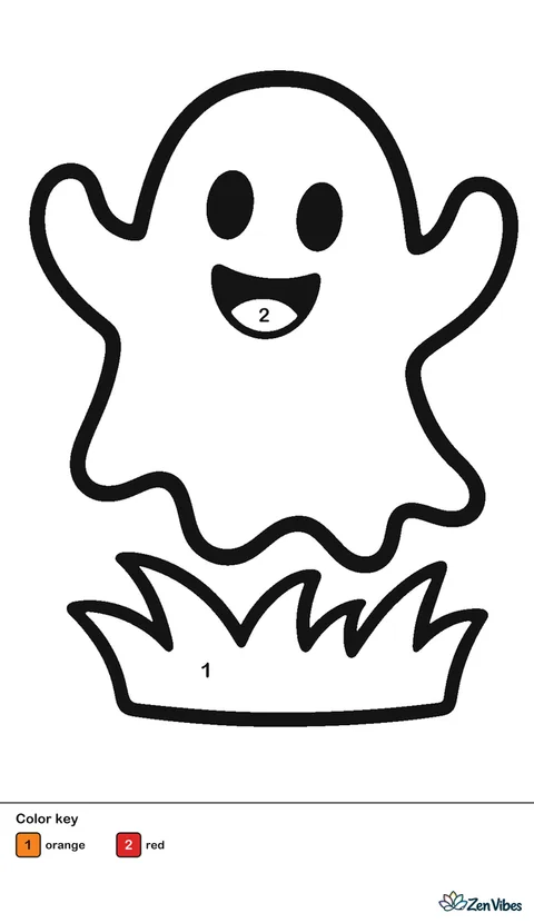 A smiling ghost with little arms waving, floating over a small patch of grass