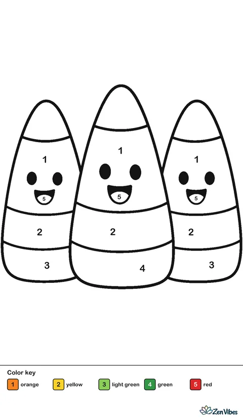 Three big pieces of candy corn standing in a row on plain white