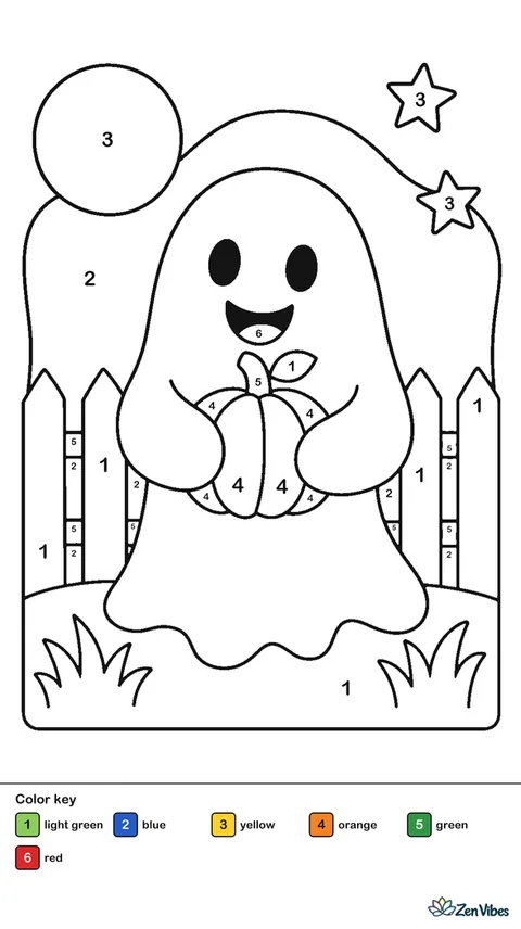 A friendly smiling ghost holding a small pumpkin, standing in front of a wooden fence, with a big round moon and two stars in the night sky