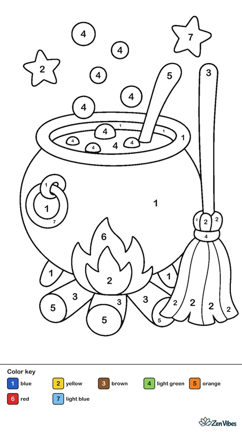 A round cauldron over a small fire with bubbles rising and a spoon sticking out, a broom leaning nearby