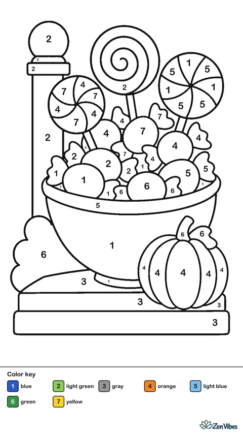 A big bowl overflowing with wrapped candies and lollipops on a doorstep with a small pumpkin