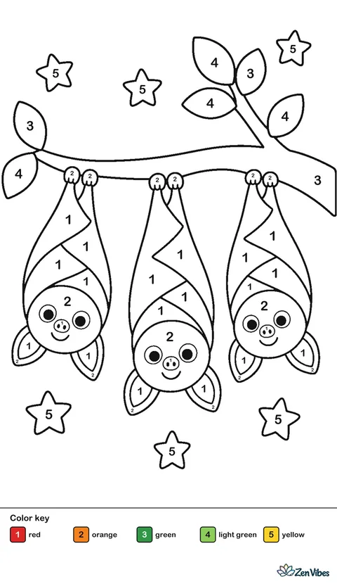 Three round bats hanging upside down from a branch with stars around
