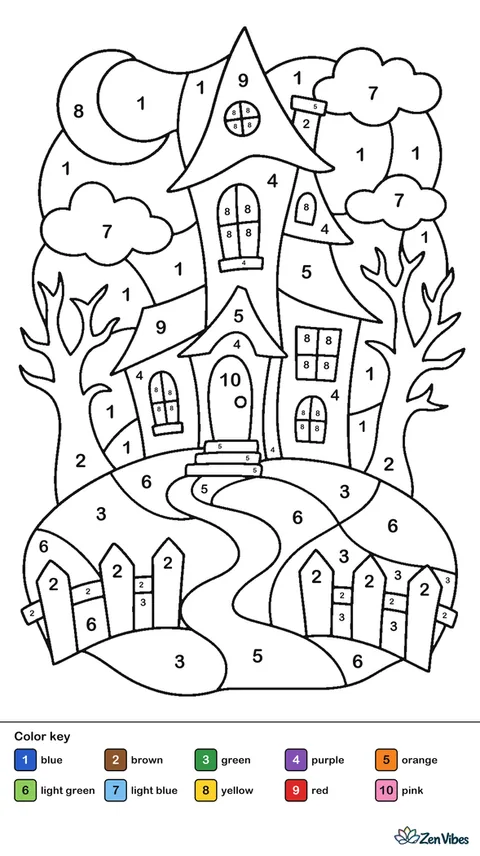 A tall crooked house with lit windows, a winding path, a fence, bare trees, and a moon