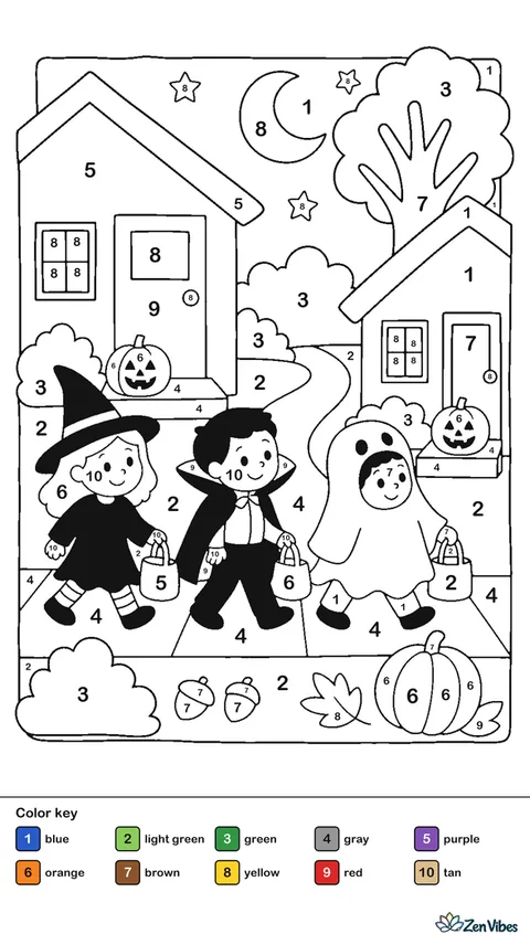 Children in simple costumes walking past houses with pumpkins on the steps and a moon above