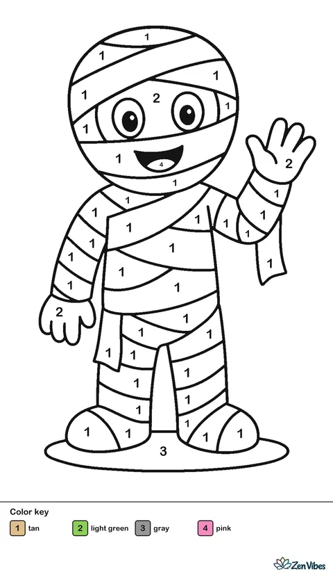 A friendly mummy wrapped in bandages waving one hand, standing on plain ground