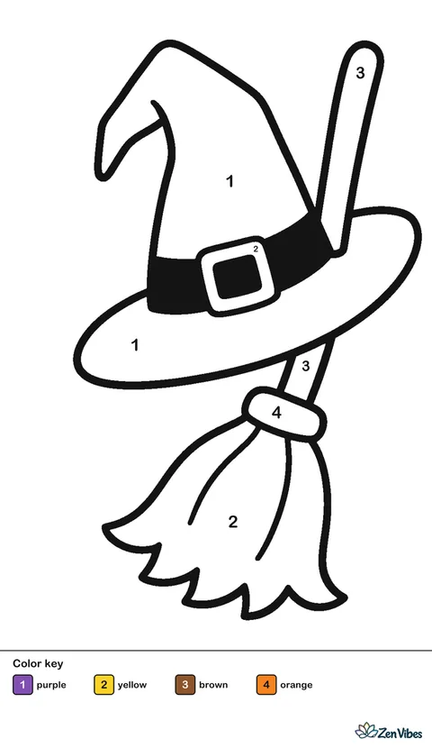 A pointed witch hat with a buckle leaning on a broom, on plain white