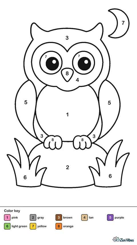A round owl sitting on a rounded stone with grass and a small moon