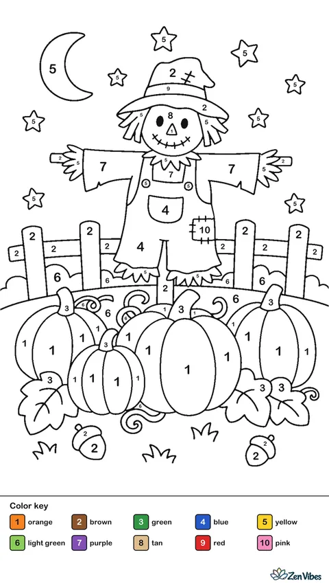 A row of pumpkins in a field under a starry sky with a scarecrow and a fence