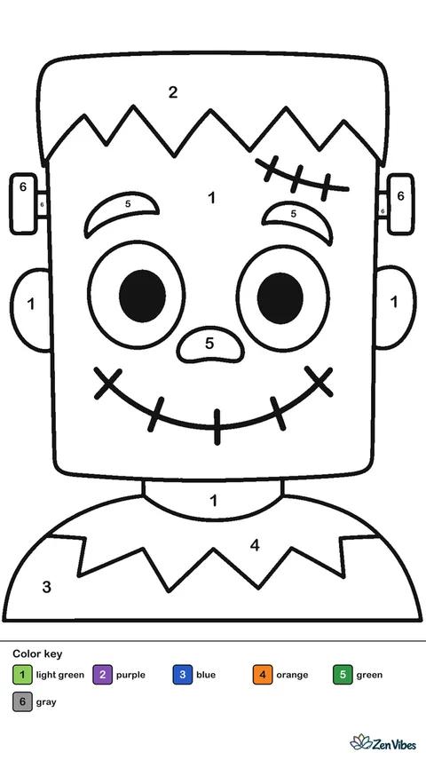 A big square-headed green monster face with a stitched smile, filling the page