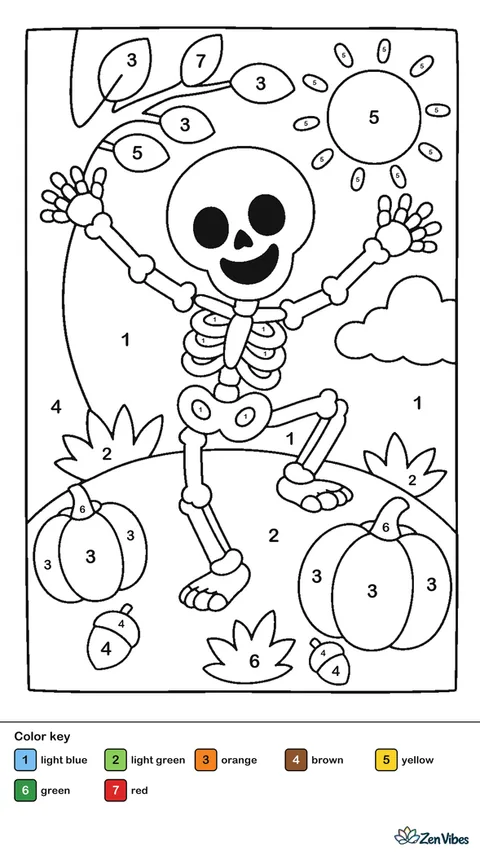 A cartoon skeleton doing a happy dance with arms up, on a small stage of grass