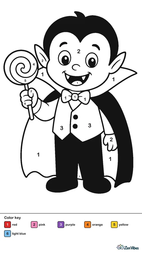 A small smiling vampire with a big collar cape holding a lollipop