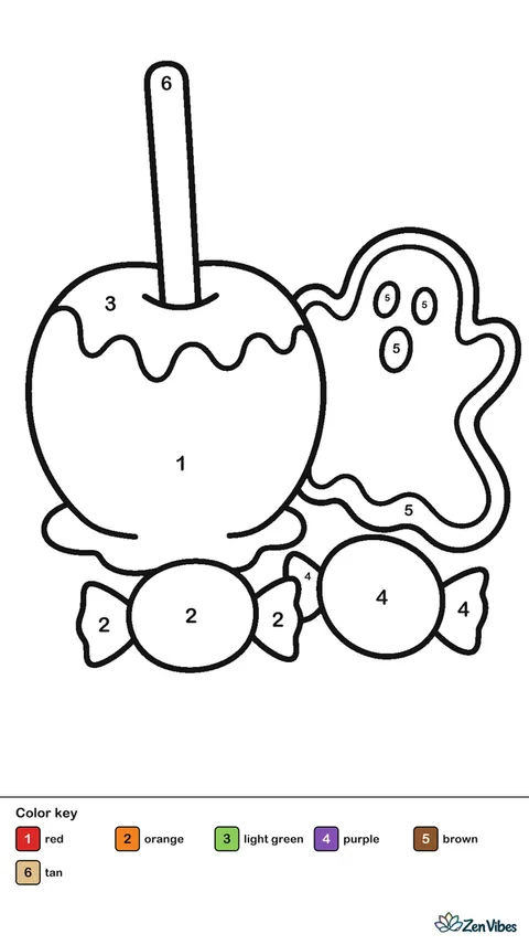 A candy apple on a stick next to two wrapped candies and a cookie shaped like a ghost