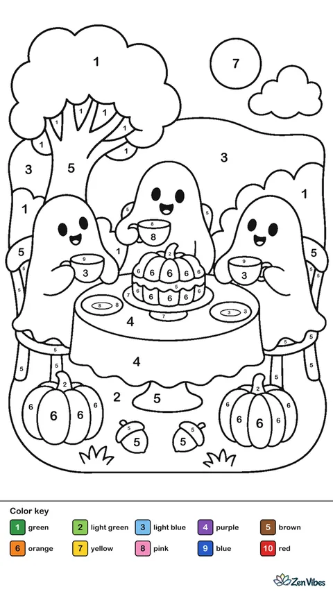 Three ghosts at a small round table with teacups and a pumpkin-shaped cake