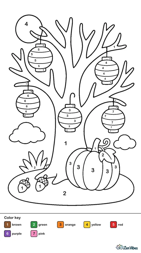 A bare tree with paper lanterns hanging from its branches and a pumpkin at its base