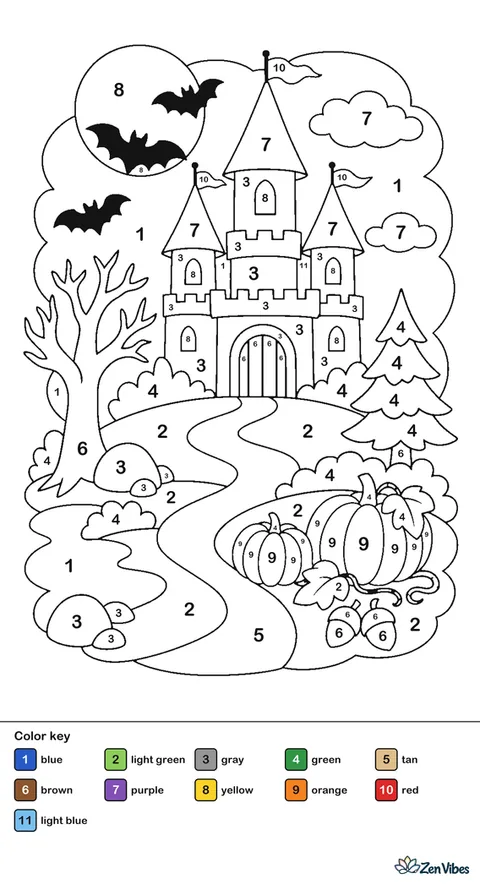 A castle with towers on a hill, bats around a moon, and a winding road up
