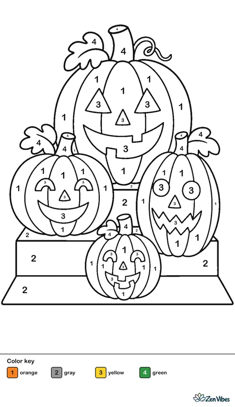 Four carved pumpkins of different sizes with different faces on a doorstep