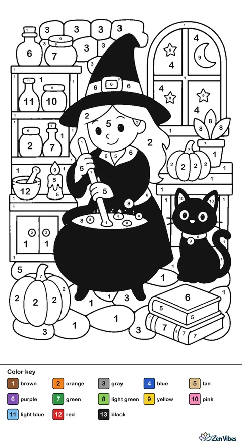 A witch stirring a cauldron in a kitchen with shelves of jars, a cat, and a window with a moon