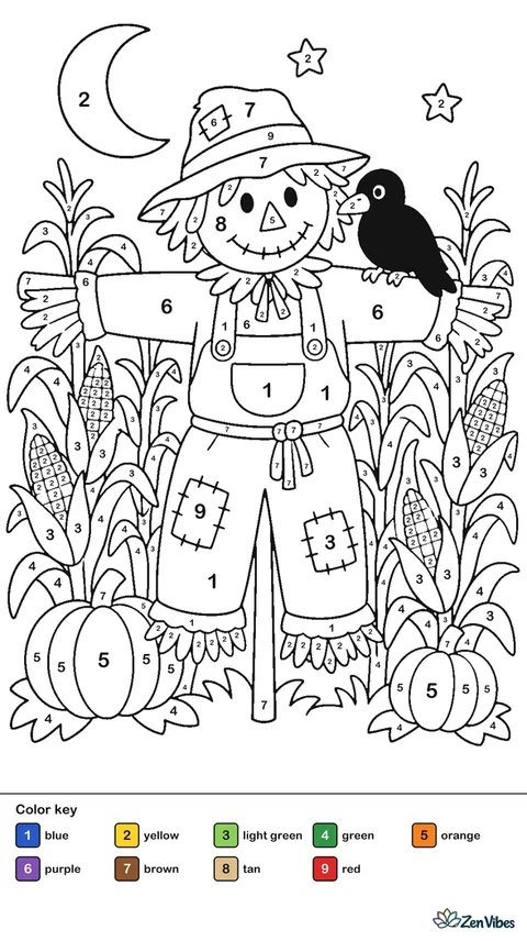 A scarecrow among corn stalks under a moon with a crow on its shoulder