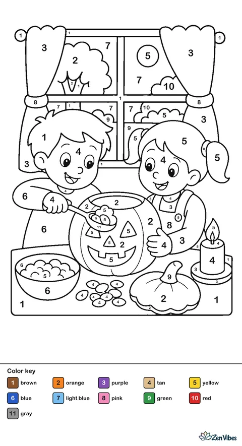 Two children carving a pumpkin at a table with a candle, seeds, and a spoon