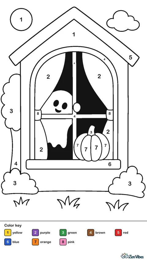 A ghost peeking through a curtained window of a house with a pumpkin on the sill