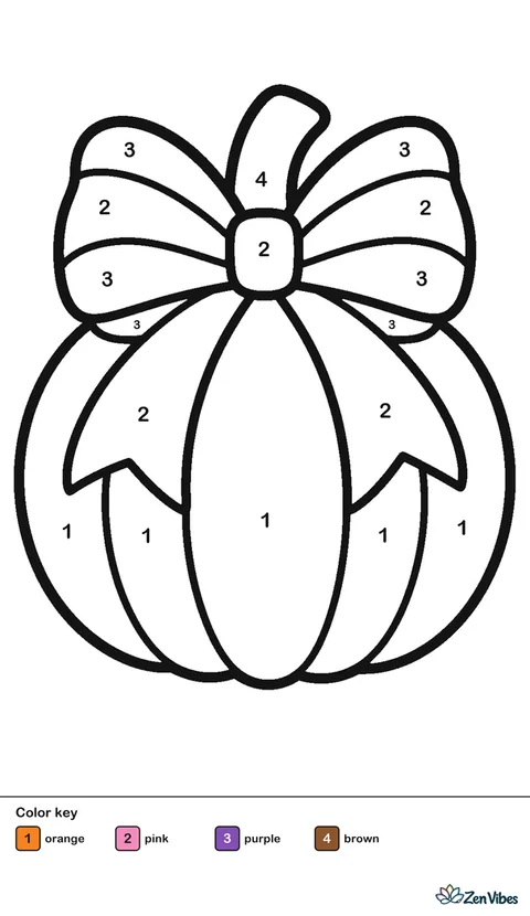 A small round pumpkin wearing a big striped ribbon bow on its stem, drawn in flat simple shapes on plain white