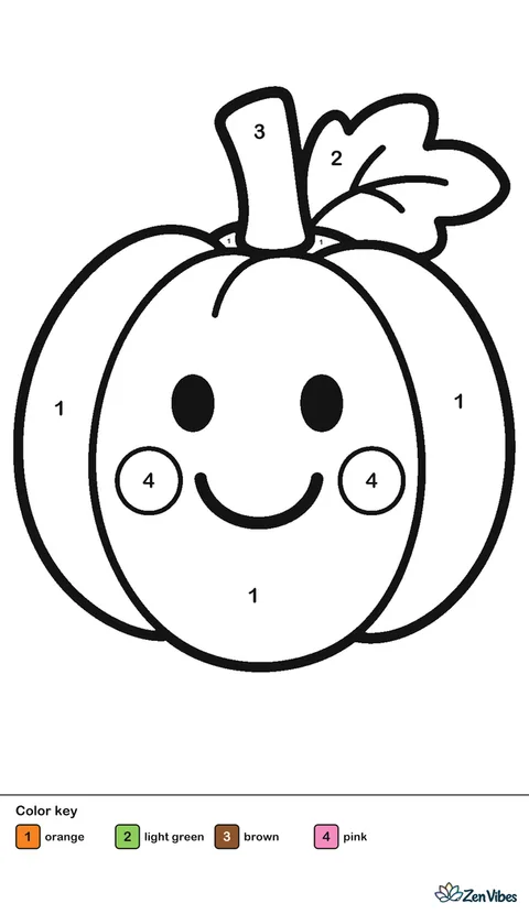 A friendly pumpkin with a simple painted smile and round cheeks, a short stem, and one leaf, on plain white