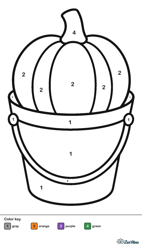 A round pumpkin sitting inside a plain metal bucket with a handle, shown in big flat shapes on plain white