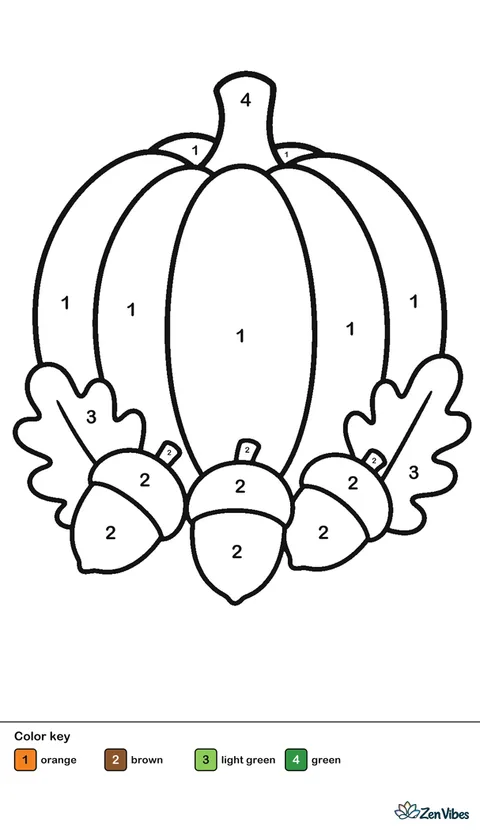 A round pumpkin with three large acorns and two oak leaves lying in front of it, on plain white