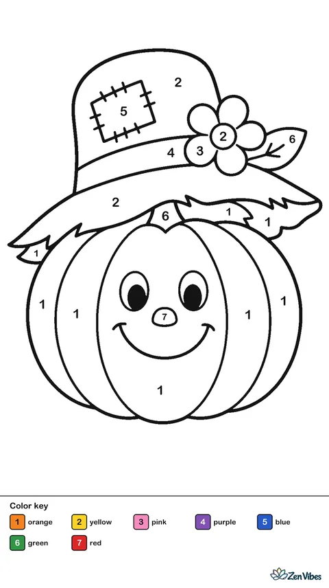 A round pumpkin wearing a floppy straw hat with a patch and a flower tucked in the band, on plain white