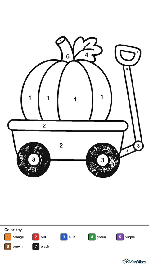 A little red pull wagon carrying one large pumpkin, with big round wheels and a long handle, on plain white