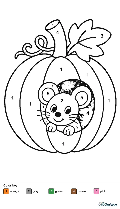 A small mouse peeking out from a round hole in the side of a pumpkin, with a leaf on top, on plain white