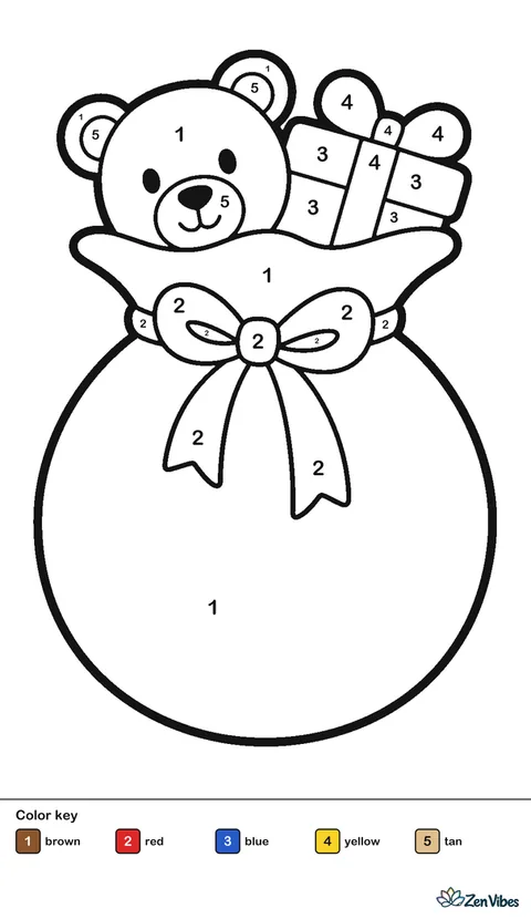 A big round brown toy sack tied with a red ribbon, with a teddy bear head and a wrapped box peeking out, on plain white