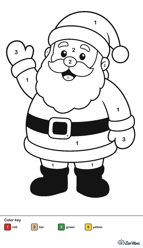 Santa standing and waving with one mitten, with a round belly, black boots, a wide belt, and a full white beard, on plain white