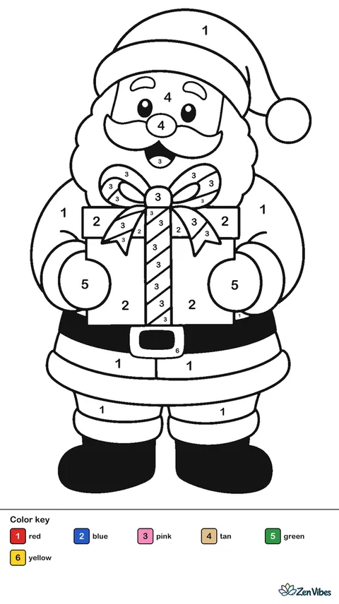 Santa holding one big square gift box with a striped bow in both hands and smiling, drawn in flat simple shapes on plain white