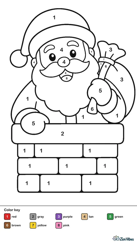 Santa's head and shoulders popping out of a red brick chimney top, holding a small toy sack over one shoulder, on plain white