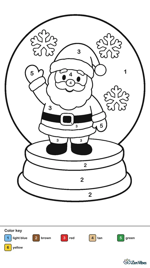 A round snow globe on a wooden base with a small smiling Santa inside and a few big snowflakes around him, on plain white