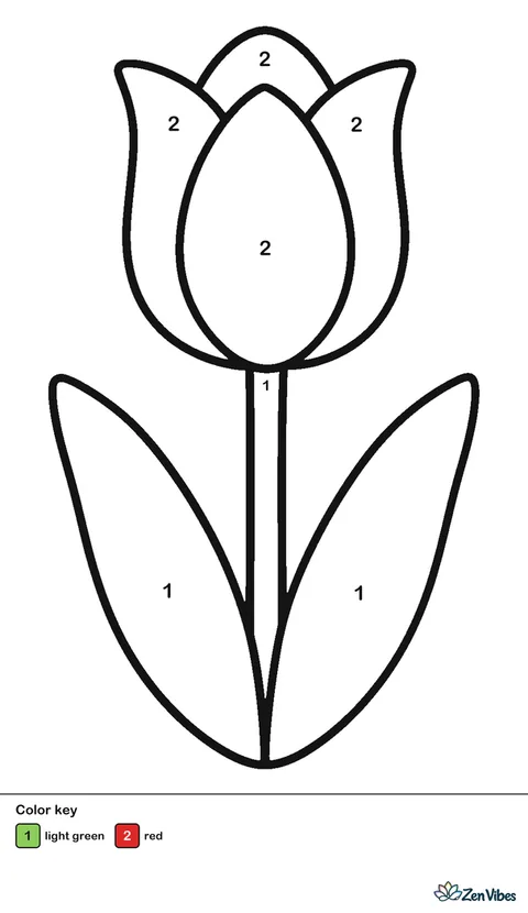 A single red tulip with a straight green stem and two wide leaves, on plain white