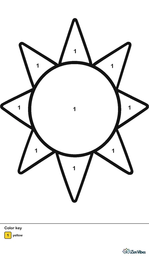 One round yellow sun with eight wide triangle rays, filling the page on plain white