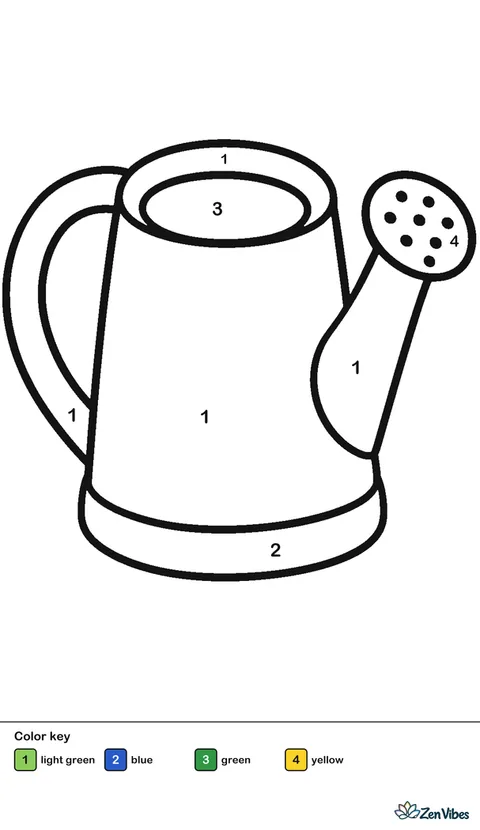 A green watering can with a round body, a curved handle, and a wide spout, on plain white