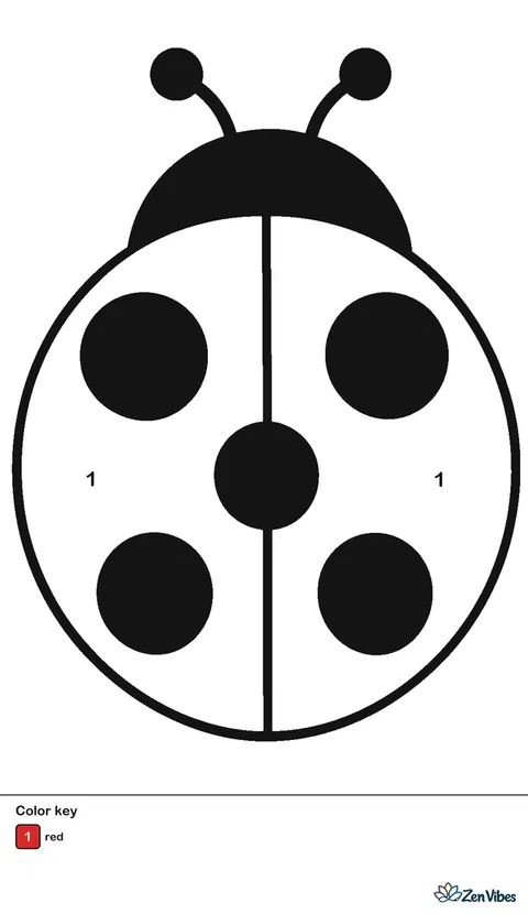 A round red ladybug with five big black spots and two short antennae, seen from above on plain white