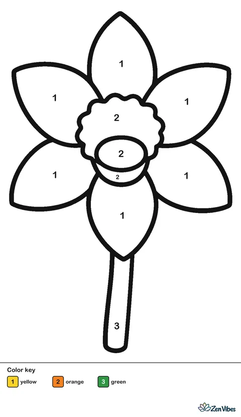 A single yellow daffodil with six wide petals, an orange center cup, and a green stem, on plain white