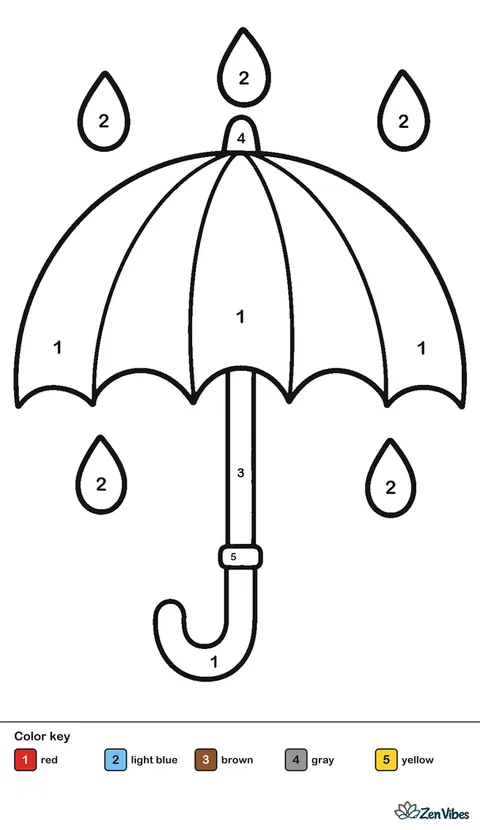 An open red and white umbrella with five fat blue raindrops falling around it