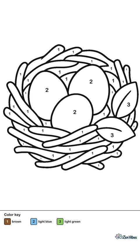 A brown twig nest holding three pale blue eggs, with two green leaves tucked into the side