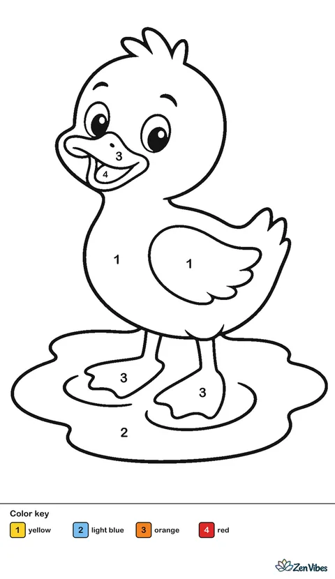 A yellow duckling standing in a shallow blue puddle with two ripples around its feet