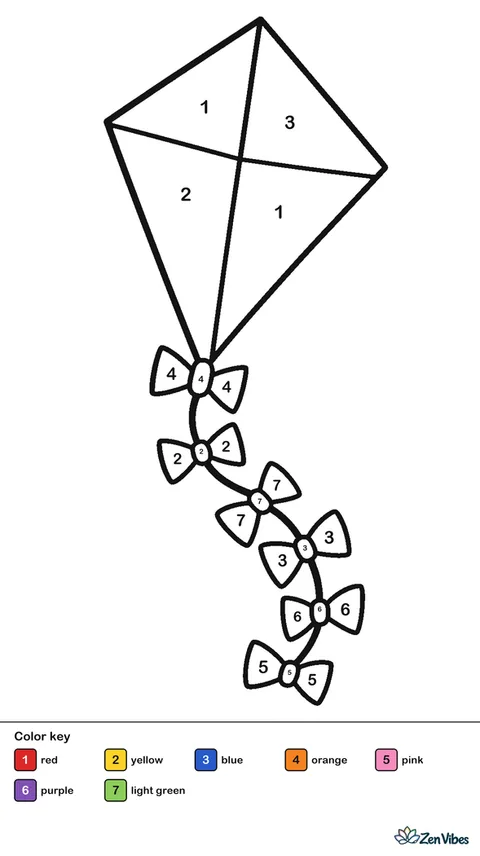 A diamond kite in red, blue, and yellow with a long tail of bows