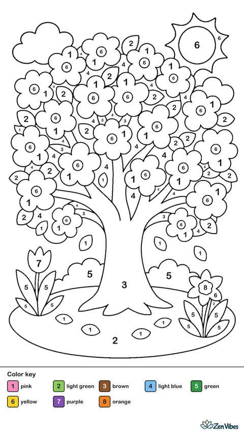 A tree covered in pink blossoms on green grass with a few petals falling and a pale blue sky