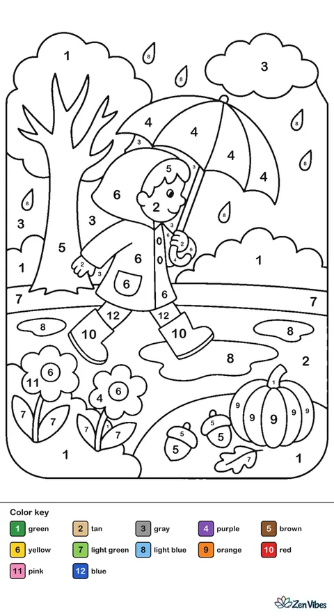 A child in a yellow raincoat and red boots walking past puddles under a gray sky with light rain