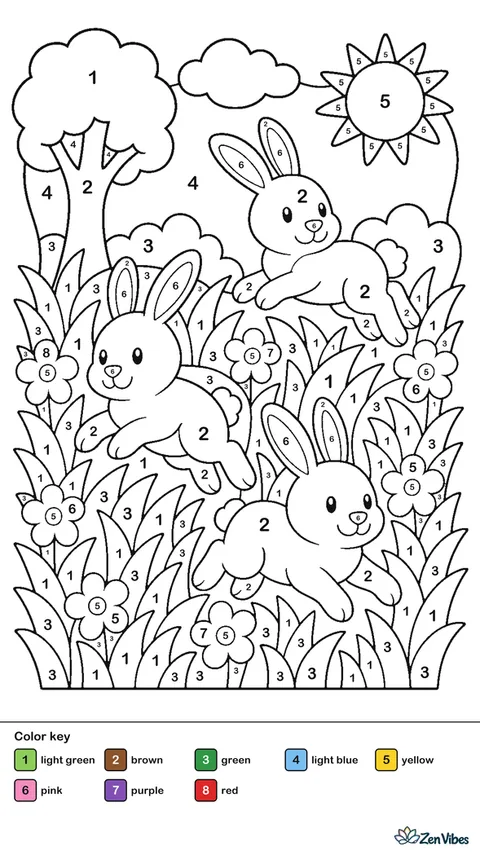 Three brown and white bunnies hopping through tall green grass with small white flowers and a blue sky