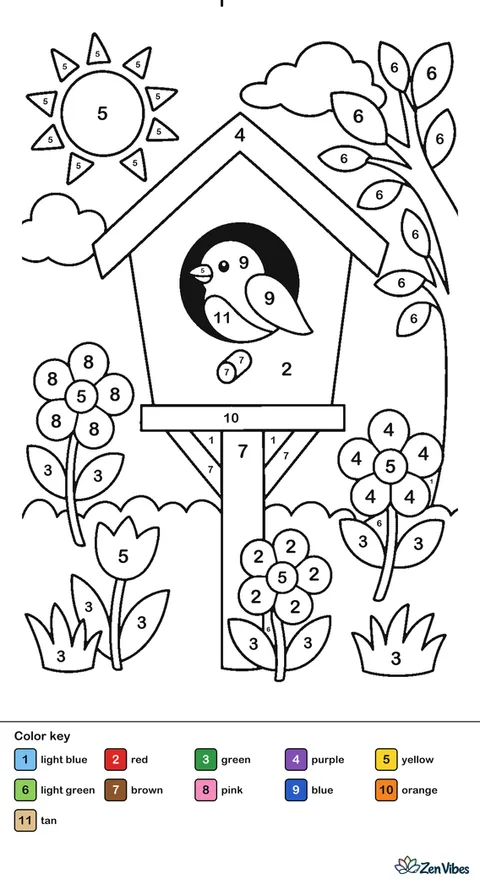 A red birdhouse on a wooden post with a bluebird at the opening, green grass below, and a sunny sky