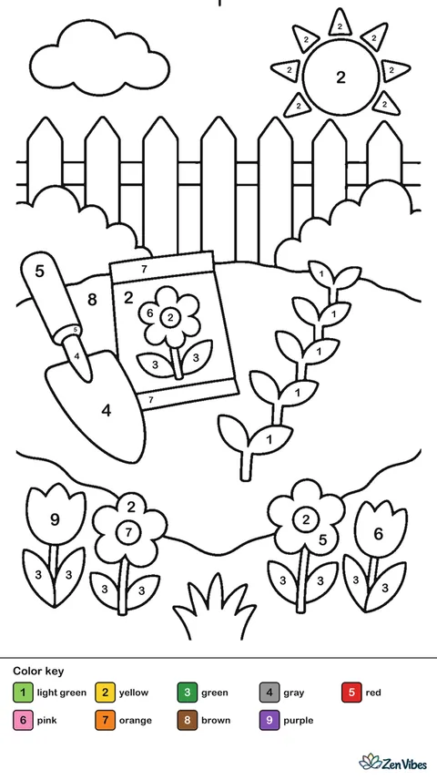 A garden bed of brown soil with a trowel, a seed packet, and a row of small green sprouts, with a fence behind
